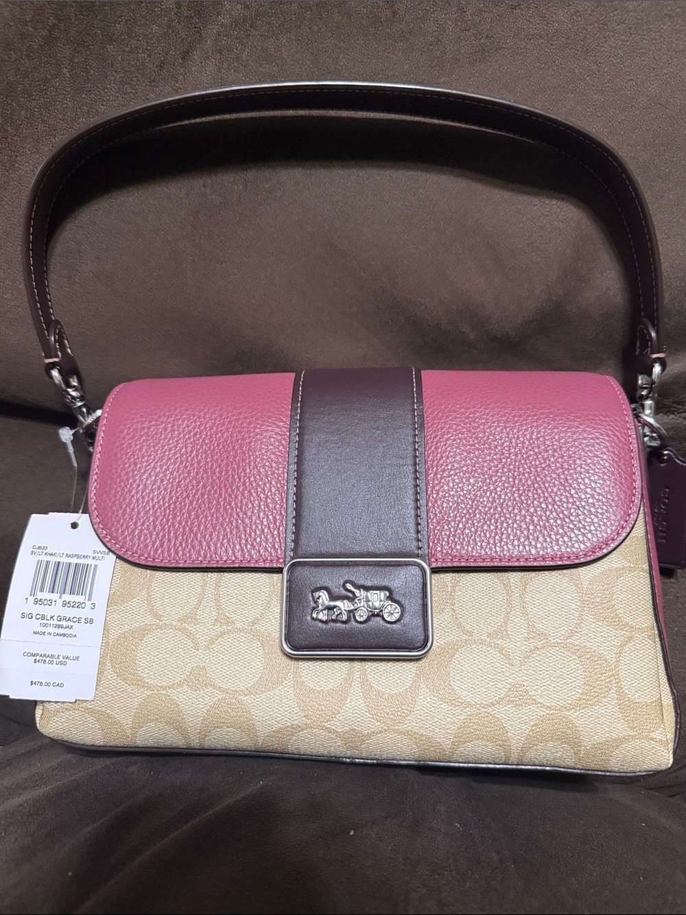 Coach Pink Leather Flap Signature Canvas Shoulder Bag with Brown Trim